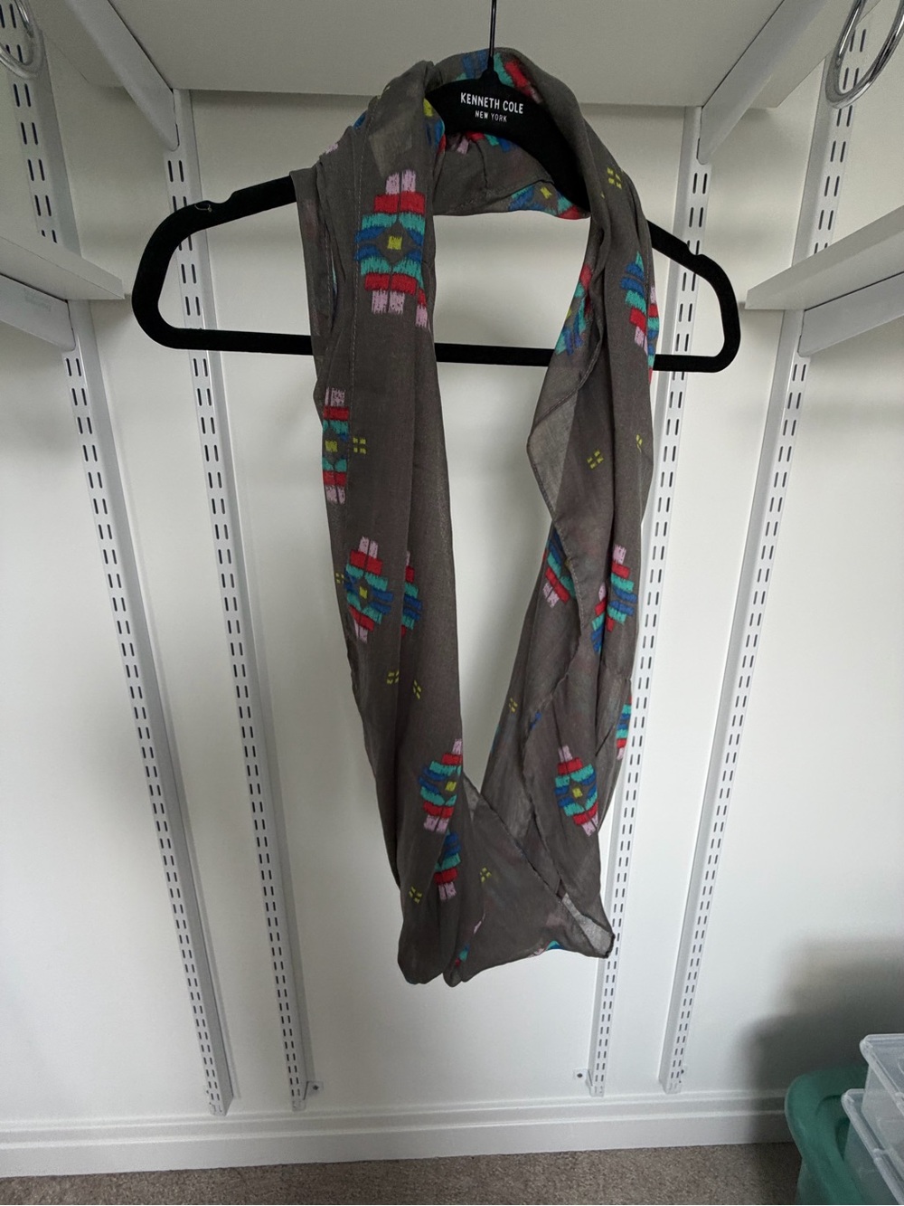 aerie Gray Infinity Scarf with Pink, Blue and Teal Geometric Prints